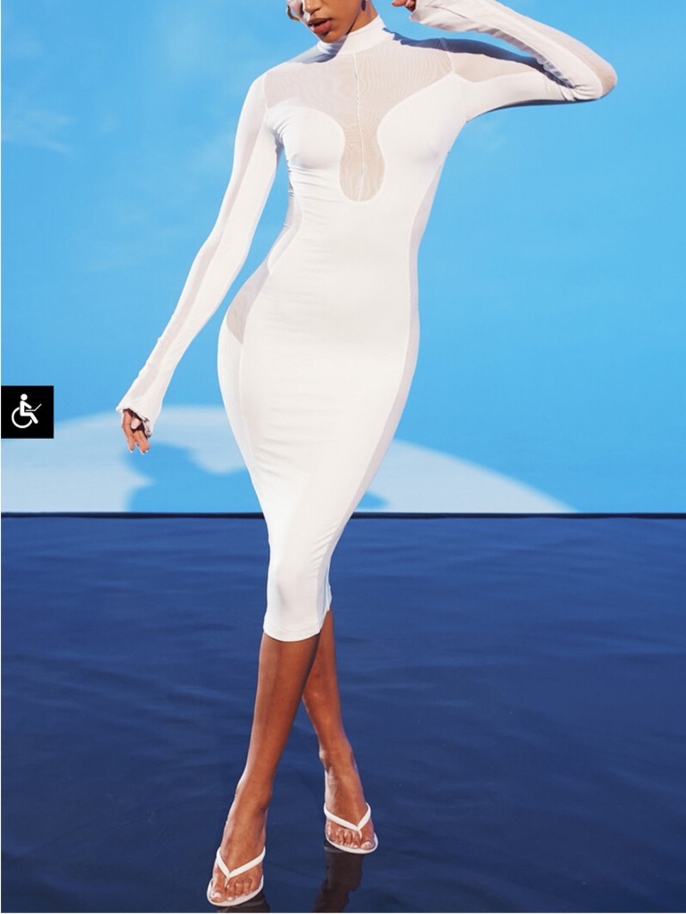 Long-Sleeve White Sheer-Panel Midi Bodycon Dress